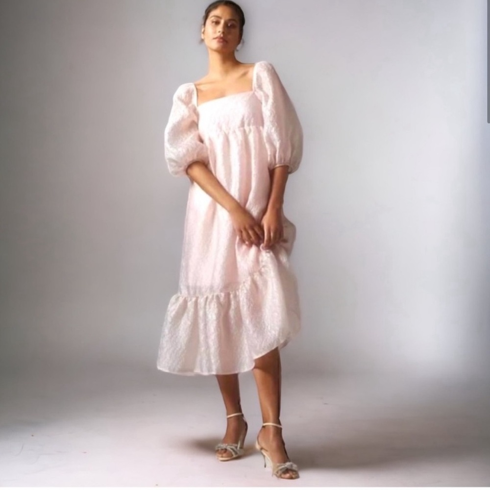 Anthropologie Textured Puff-Sleeve Dress Dust Pink Large